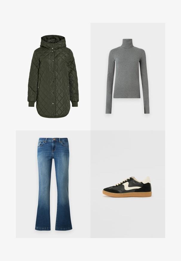 Šviesiai žalia, ilga, quilted striukė su gobtuvu, snap mygtukais ir išilgiais rankovėmis. Siūlo lygią, tekstūruotą medžiagą su deimanto raštu.; Pilkas golfas, pagamintas iš lygaus, elastingo audinio. Ilgos rankovės, prilipęs dizainas, minimali tekstūra, be matomų raštų ar metalinių detalių.; Džinsinės kelnės su platėjančiomis apačiomis, turinčios gradientinį mėlyną nusiplovimą, oranžinius siūlus, penkias kišenes ir mygtukų užsegimą liemens srityje.; Juodos zomšo ir odos sportinės bateliai su kreminiu šoniniu swoosh ir šviesiai kreminiu kulnu. Ypatybės - smėlio spalvos raišteliai ir guminis padas.