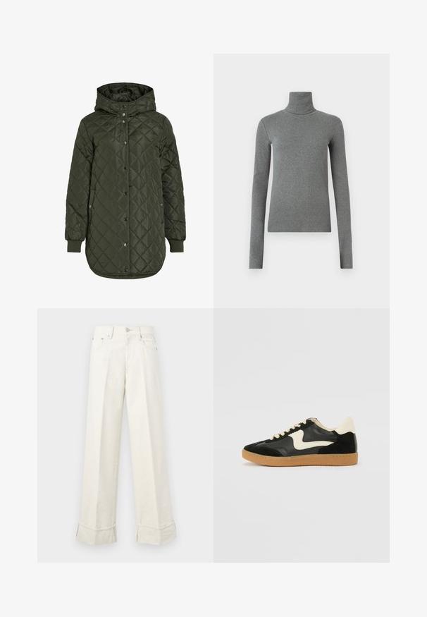 Giacca lunga trapuntata verde oliva con cappuccio, bottoni a pressione e polsini a coste. Presenta un tessuto liscio e strutturato con motivo a diamante.; Maglione a collo alto grigio realizzato in tessuto liscio e elastico. Maniche lunghe, design aderente, texture minimale, senza motivi visibili o accessori.; Pantaloni a gamba larga di colore crema realizzati in cotone, con orlo piegato e passanti per cintura. Progettati con due tasche frontali e chiusura con bottone anteriore.; Sneaker nera in suede e pelle con un sorriso laterale crema e un tallone di un leggero crema. Presenta lacci beige e una suola in gomma color caramello.