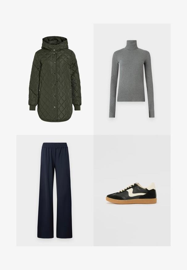 Quiltet, lang olivengrøn jakke med hætte, trykknapper og ribbede manchetter. Har et glat, struktureret stof med diamantmønster.; Grå turtleneck skjorte lavet af glat, strækbart stof. Lange ærmer, tætsiddende design, minimal tekstur, uden synlige mønstre eller hardware.; Marineblå vide bukser, lavet af glat stof, med elastisk talje og fuldlængde design uden yderligere detaljer.; Sorte ruskinds- og lædersneakers med en cremefarvet side-swoosh og lys cremefarvet hæl. Har beige snørebånd og en gummirubber-sål.