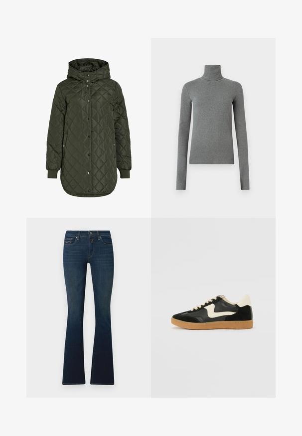 Veste longue olive verte matelassée avec capuche, boutons-pression et poignets côtelés. Dotée d'un tissu lisse et texturé avec un motif en losanges.; Chandail col roulé gris en tissu lisse et élastique. Manches longues, design ajusté, texture minimale, sans motifs ni éléments métalliques visibles.; Jean évasé bleu foncé en denim, avec une taille à bouton avant, des poches en biais et des détails de couture subtils.; Baskets en daim et cuir noir avec un swoosh latéral crème et un talon crème clair. Dotées de lacets beige et d'une semelle en caoutchouc gomme.