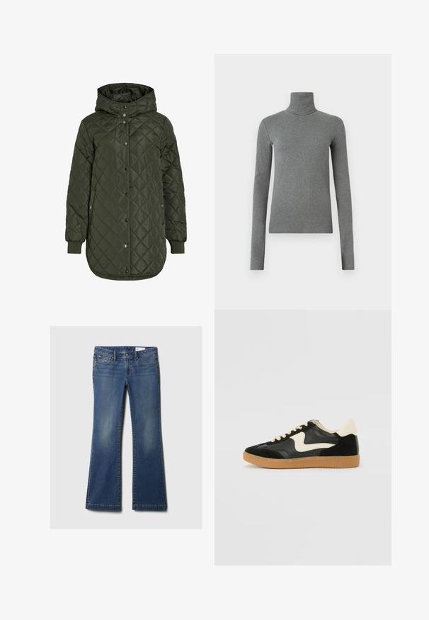 Tikkimisega, pikk oliivroheline jakk kapuutsiga, nööpide ja soonikäärega. Omab siledaid, tekstureeritud kudesid, millel on teemantmuster.; Hallhalli hallitatud särk, mis on valmistatud siledast, venivast kangast. Pikkade varrukatega, sobiv disain, minimaalne tekstuur, ilma nähtavate mustrite või riistvaraeta.; Sinine denim lõhiku teksapüksid viie taskuga, vasknupud, kerge kulumine ja klassikaline vöökoht. Otse lõigatud serv all.; Must musta ja nahast sneakersid, millel on koorevärvi külgsuund ja hele koorik. Omab beeži paelu ja kummi kummist välistalla.