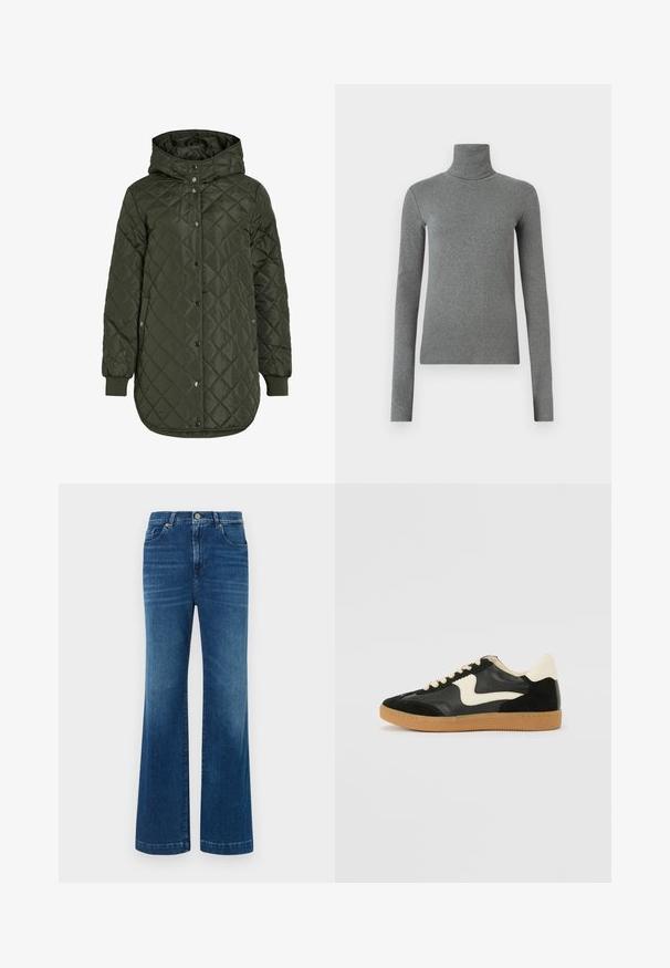 Šviesiai žalia, ilga, quilted striukė su gobtuvu, snap mygtukais ir išilgiais rankovėmis. Siūlo lygią, tekstūruotą medžiagą su deimanto raštu.; Pilkas golfas, pagamintas iš lygaus, elastingo audinio. Ilgos rankovės, prilipęs dizainas, minimali tekstūra, be matomų raštų ar metalinių detalių.; Mėlyni džinsiniai plačių kojų džinsai su aukštu juosmeniu, penkiomis kišenėmis ir klasikiniais sagų užtrauktukais. Audinys turi švelnų, šiek tiek išblukusį tekstūrą.; Juodos zomšo ir odos sportinės bateliai su kreminiu šoniniu swoosh ir šviesiai kreminiu kulnu. Ypatybės - smėlio spalvos raišteliai ir guminis padas.