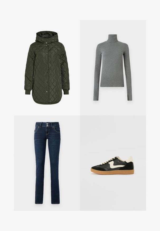 Padded, dolgi olivno zeleni plašč s kapuco, s pritrdilnimi gumbi in rebrastimi manšetami. Ima gladko, teksturirano blago z diamantskim vzorcem.; Siva turtleneck majica narejena iz gladkega, raztegljivega materiala. Dolgi rokavi, prilegajoča zasnova, minimalna tekstura, brez vidnih vzorcev ali okovja.; Temno modri usnjeni kavbojke s podvojnim gumbom, sprednjimi žepi in rumenim šivom na belem ozadju.; Črne semiš in usnjene superge s kremasto stransko puščico in svetlo kremasto peto. Imajo bež čipke in gumijast podplat.