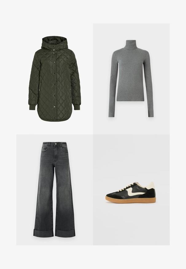 Quilted, long olive green jacket with a hood, snap buttons, and ribbed cuffs. Features a smooth, textured fabric with diamond pattern.; Gray turtleneck shirt made of smooth, stretchy fabric. Long sleeves, fitted design, minimal texture, with no visible patterns or hardware.; High-waisted black wide-leg jeans with cuffed hems, front button, and pockets, displayed against a plain light background.; Black suede and leather sneaker with a cream side swoosh and light cream heel. Features beige laces and a gum rubber outsole.