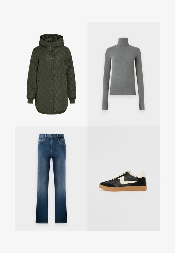 Tikkimisega, pikk oliivroheline jakk kapuutsiga, nööpide ja soonikäärega. Omab siledaid, tekstureeritud kudesid, millel on teemantmuster.; Hallhalli hallitatud särk, mis on valmistatud siledast, venivast kangast. Pikkade varrukatega, sobiv disain, minimaalne tekstuur, ilma nähtavate mustrite või riistvaraeta.; Tumed denim pükste lõige tumesinises, mis sisaldab kulunud pesu, viit taskut ja vööaasasid. Klassikaline disain, millel on esine nupp sulgemiseks.; Must musta ja nahast sneakersid, millel on koorevärvi külgsuund ja hele koorik. Omab beeži paelu ja kummi kummist välistalla.