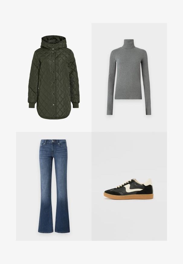 Quiltet, lang olivengrøn jakke med hætte, trykknapper og ribbede manchetter. Har et glat, struktureret stof med diamantmønster.; Grå turtleneck skjorte lavet af glat, strækbart stof. Lange ærmer, tætsiddende design, minimal tekstur, uden synlige mønstre eller hardware.; Flared blå jeans lavet af denim, med en mellem vasket farve, fem lommer og en lynlås med knaplukning. Glat tekstur.; Sorte ruskinds- og lædersneakers med en cremefarvet side-swoosh og lys cremefarvet hæl. Har beige snørebånd og en gummirubber-sål.