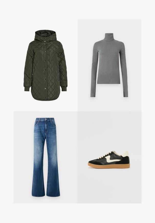 Chaqueta acolchada larga de color verde oliva con capucha, botones a presión y puños acanalados. Presenta una tela suave y texturizada con un patrón de diamantes.; Sudadera de cuello alto gris hecha de una tela suave y elástica. Mangas largas, diseño ajustado, textura mínima, sin patrones visibles ni piezas metálicas.; Jeans de denim azul acampanados con un lavado desgastado, diseño de cinco bolsillos, trabillas para cinturón y cierre frontal con botón. Textura suave y corte clásico.; Zapatillas de deporte de ante y cuero negro con un swoosh lateral en crema y un talón en crema claro. Presenta cordones beige y una suela de goma marrón.