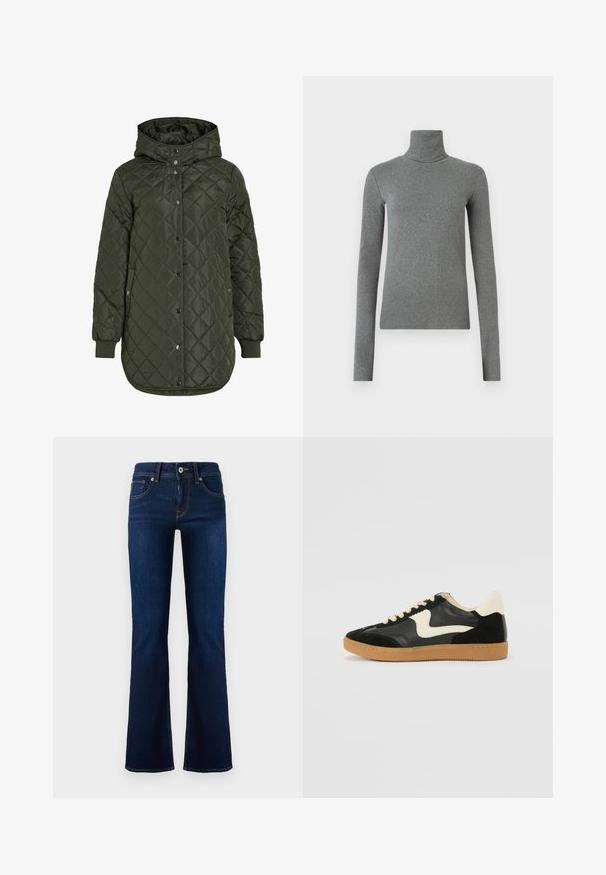 Giacca lunga trapuntata verde oliva con cappuccio, bottoni a pressione e polsini a coste. Presenta un tessuto liscio e strutturato con motivo a diamante.; Maglione a collo alto grigio realizzato in tessuto liscio e elastico. Maniche lunghe, design aderente, texture minimale, senza motivi visibili o accessori.; Jeans a zampa d'elefante in denim blu scuro con vita media, tasche frontali e cuciture in contrasto. Presentano una chiusura con bottone metallico e passanti per cintura.; Sneaker nera in suede e pelle con un sorriso laterale crema e un tallone di un leggero crema. Presenta lacci beige e una suola in gomma color caramello.