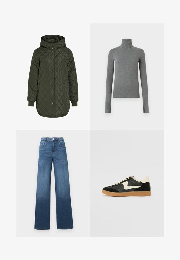 Töltött, hosszú, olíva zöld dzseki kapucnival, patentgombokkal és bordázott mandzsettákkal. Simább, textúrával rendelkező anyag jellemzi, amely gyémánt mintázatú.; Szürke, sima, rugalmas anyagból készült garbós póló. Hosszú ujjú, testhez simuló kialakítás, minimális textúrával, látható minták vagy fém alkatrészek nélkül.; Középkék, széles szárú farmernadrág, amely fokozatosan világosodik a szegő felé, standard gombbal és cipzárral záródik.; Fekete velúr és bőr sneaker, krém színű oldalsó swoosh-sal és világos krém színű sarokkal. Beigézett fűzőkkel és gumi talppal rendelkezik.