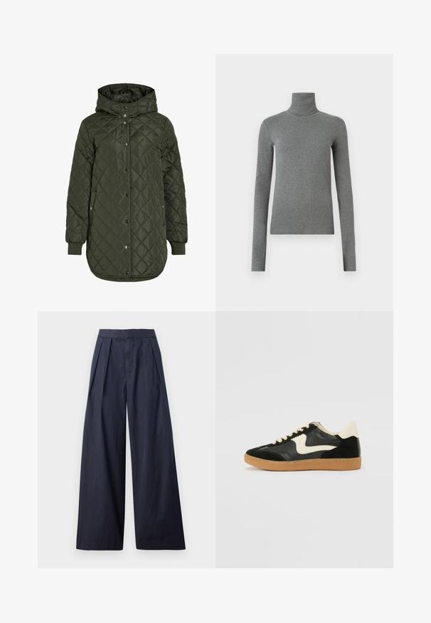 Klassiska, garņota, ilga olīvzaļā jaka ar kapuci, spiedpogu aizdari un ribotām piedurknēm. Iezīmējas ar gludu, strukturētu audumu ar dimanta rakstu.; Pelēka uzvalka krekliņa ar augstu apkakli, izgatavots no gludas, elastīgas auduma. Garas piedurknes, pielāgota forma, minimāla tekstūra, bez redzamām rakstām vai aparatūras.; Tums dūnavas platās bikses ar krokām priekšpusē un izšūtu jostu. Izgatavotas no gludas, vieglas auduma, ar taisnu griezumu un bez redzamām detaļām.; Melna zamšāda un ādas sporta apavi ar krēmkrāsas sānu svītru un gaiši krēmkrāsas papēdi. Ar beigu krāsas auklām un gumijas zole.