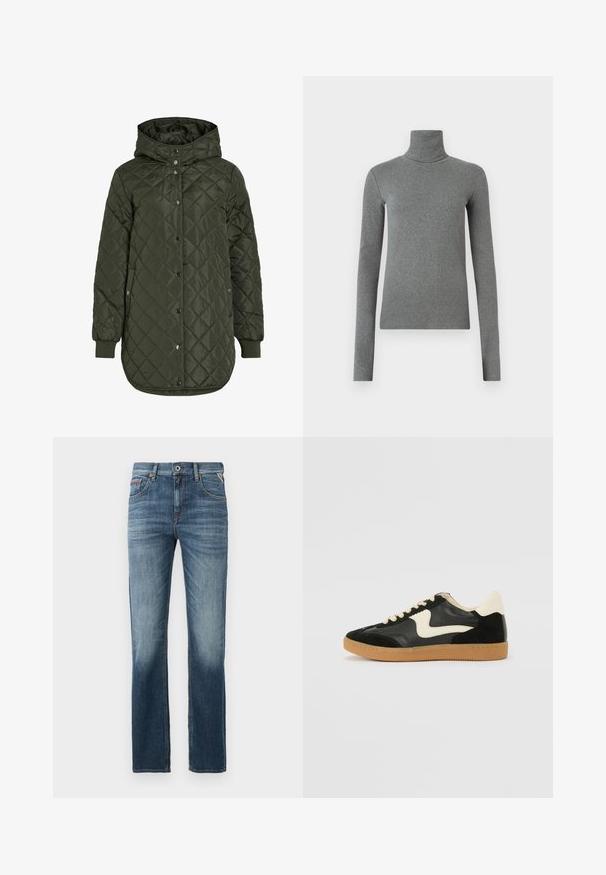 Padded, dolgi olivno zeleni plašč s kapuco, s pritrdilnimi gumbi in rebrastimi manšetami. Ima gladko, teksturirano blago z diamantskim vzorcem.; Siva turtleneck majica narejena iz gladkega, raztegljivega materiala. Dolgi rokavi, prilegajoča zasnova, minimalna tekstura, brez vidnih vzorcev ali okovja.; Temno modri jeans iz denima z ravnim krojem, z rahlim bledenjem na stegnih in kontrastnimi šivi. Klasična zasnova s petimi žepi in zadrgo.; Črne semiš in usnjene superge s kremasto stransko puščico in svetlo kremasto peto. Imajo bež čipke in gumijast podplat.