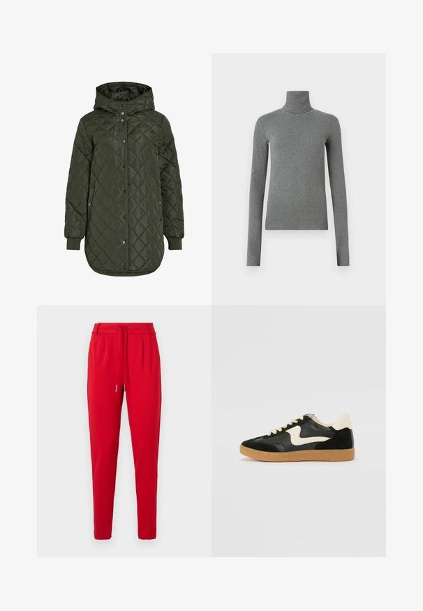 V quilting, pitkä oliivinvihreä takki, jossa on huppu, nepparit ja ribbineulehihansuut. Takissa on sileä teksturoitu kangas, jossa on timantin muotoinen kuvio.; Harmaa poolapaita, joka on valmistettu sileästä ja joustavasta kankaasta. Pitkät hihat, tiukka malli, vähäistä tekstuuria, ilman näkyviä kuvioita tai varusteita.; Punttihuiset punaiset housut, joissa on nyörikiristysvyötärö ja etupuolella laskoksia, esitetty valkoisella taustalla.; Mustat mokka- ja nahkakengät, joissa on kermaisen valkoinen sivupainatus ja vaalea kermaisine kantapää. Varustettu beigeillä nauhoilla ja kumista valmistetulla ulkopohjalla.