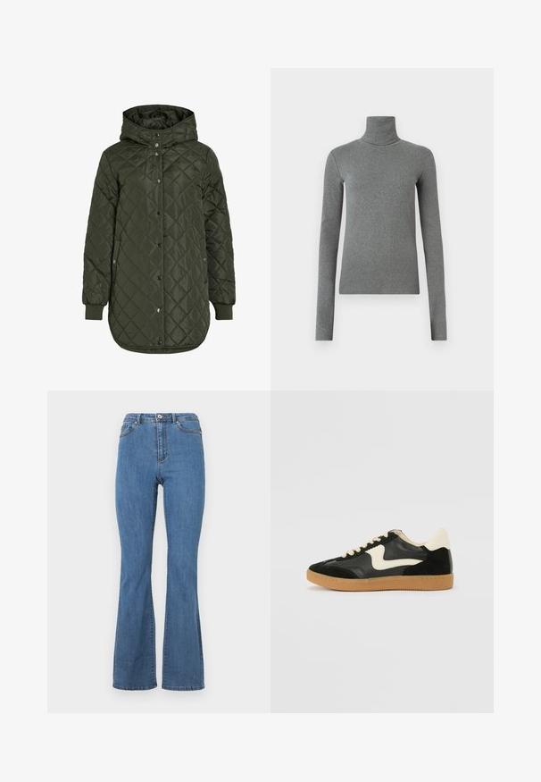 Casaco comprido olive green acolchoado com capuz, botões de pressão e punhos canelados. Apresenta um tecido liso e texturizado com padrão de diamante.; Camisola de gola alta cinza feita de um tecido liso e elástico. Mangas compridas, design ajustado, textura mínima, sem padrões ou acessórios visíveis.; Calças de ganga azuis com corte boca de sino, apresentando uma cintura alta, costuras em contraste e um único fecho de botão à frente.; Sapatilha em camurça e couro pretos com um swoosh lateral em creme e um calcanhar em creme claro. Apresenta atacadores bege e uma sola de borracha tipo gum.