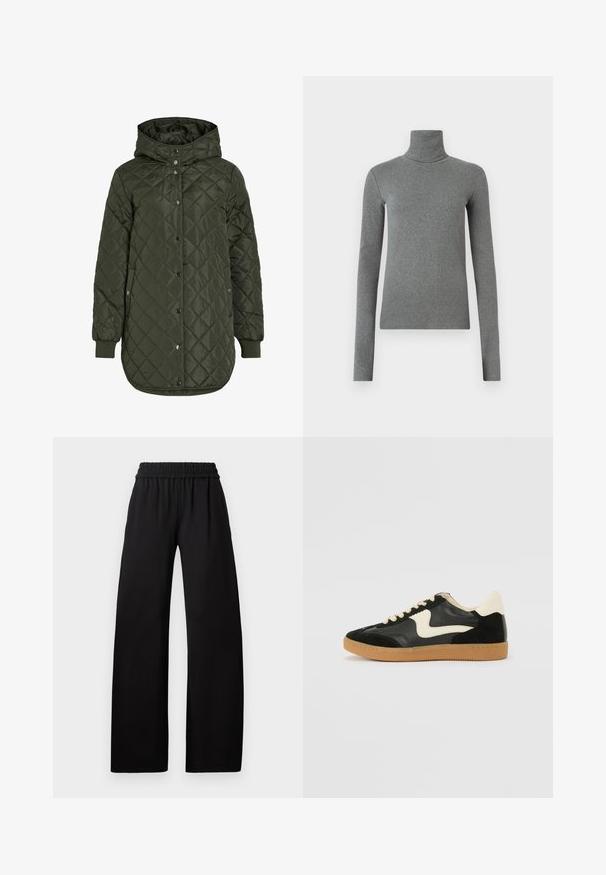 Quilted, long olive green jacket with a hood, snap buttons, and ribbed cuffs. Features a smooth, textured fabric with diamond pattern.; Gray turtleneck shirt made of smooth, stretchy fabric. Long sleeves, fitted design, minimal texture, with no visible patterns or hardware.; Black wide-leg pants with an elastic waistband, featuring a smooth texture and a floor-length design for a relaxed fit.; Black suede and leather sneaker with a cream side swoosh and light cream heel. Features beige laces and a gum rubber outsole.