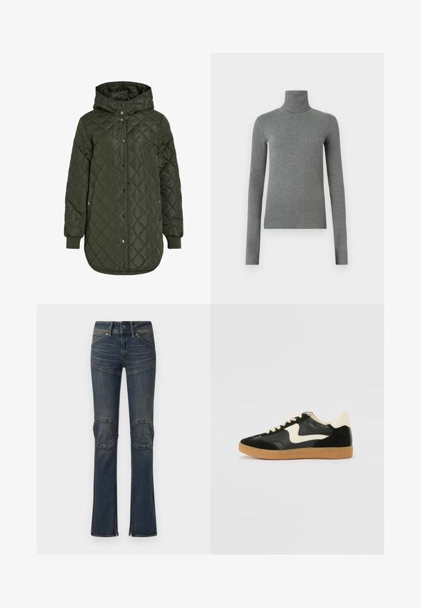 Casaco comprido olive green acolchoado com capuz, botões de pressão e punhos canelados. Apresenta um tecido liso e texturizado com padrão de diamante.; Camisola de gola alta cinza feita de um tecido liso e elástico. Mangas compridas, design ajustado, textura mínima, sem padrões ou acessórios visíveis.; Jeans de denim azul escuro com forma à boca de sino, apresentando remendos nos joelhos, costura branca e ferragens prateadas. Com fechos de correr nos tornozelos.; Sapatilha em camurça e couro pretos com um swoosh lateral em creme e um calcanhar em creme claro. Apresenta atacadores bege e uma sola de borracha tipo gum.