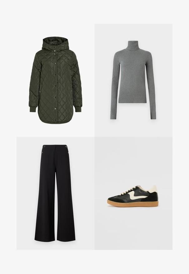Gevoerde, lange olijfgroene jas met een capuchon, drukknoopsluiting en geribde manchetten. Kenmerkt zich door een gladde, gestructureerde stof met een ruitpatroon.; Grijze coltrui gemaakt van gladde, rekbare stof. Lange mouwen, aansluitend ontwerp, minimale textuur, zonder zichtbare patronen of hardware.; Zwarte wijde broek gemaakt van gladde stof, met gouden knoopaccenten bij de tailleband en een schoon, minimalistisch ontwerp.; Zwarte suède en leren sneaker met een crèmekleurige zij-swoosh en lichte crèmekleurige hiel. Voorzien van beige veters en een gumrubberen zool.