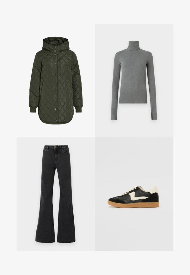 Tikkimisega, pikk oliivroheline jakk kapuutsiga, nööpide ja soonikäärega. Omab siledaid, tekstureeritud kudesid, millel on teemantmuster.; Hallhalli hallitatud särk, mis on valmistatud siledast, venivast kangast. Pikkade varrukatega, sobiv disain, minimaalne tekstuur, ilma nähtavate mustrite või riistvaraeta.; Mustad flare-stiilis teksad, mis on valmistatud denimist ja millel on kõrge vöökoht, esipocketid ning nähtavad õmblused. Sile tekstuur kerge läikega.; Must musta ja nahast sneakersid, millel on koorevärvi külgsuund ja hele koorik. Omab beeži paelu ja kummi kummist välistalla.