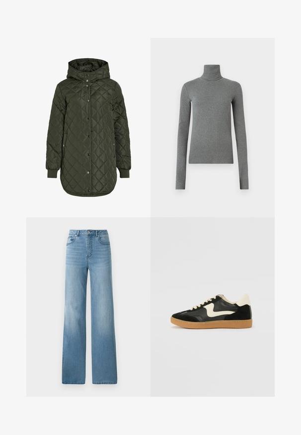 Kvalitetna dugacka maslinasto zelena jakna s kapuljačom, drsnim dugmadi i rebrastim manžetama. Ima glatku, teksturiranu tkaninu s dijamantnim uzorkom.; Sivi rolak majica izrađena od glatkog, rastezljivog materijala. Dugi rukavi, prilagođenog kroja, minimalne teksture, bez vidljivih uzoraka ili dodataka.; Svijetloplavi traperice visokog struka s ravnim krojem. Izrađene od denima, imaju pet džepova i zatvaranje na gumbe.; Crna nubuk i kožna tenisica s kremastim bočnim swooshom i svijetlom kremastom petom. Sadrži bež vezice i gumu na potplatu.