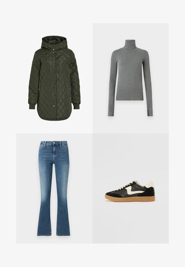 Töltött, hosszú, olíva zöld dzseki kapucnival, patentgombokkal és bordázott mandzsettákkal. Simább, textúrával rendelkező anyag jellemzi, amely gyémánt mintázatú.; Szürke, sima, rugalmas anyagból készült garbós póló. Hosszú ujjú, testhez simuló kialakítás, minimális textúrával, látható minták vagy fém alkatrészek nélkül.; Fakó kék farmer széles szárú nadrág, magas derékkal, gombos záródással, öt zsebes kialakítással és diszkrét varrási részletekkel az illesztések mentén.; Fekete velúr és bőr sneaker, krém színű oldalsó swoosh-sal és világos krém színű sarokkal. Beigézett fűzőkkel és gumi talppal rendelkezik.