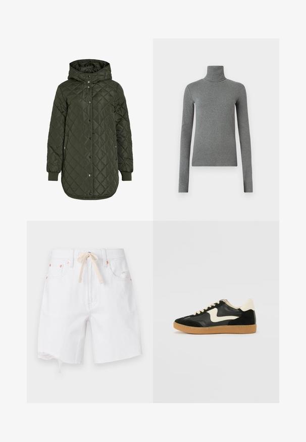 Gestepptes, langes olivgrünes Jacket mit Kapuze, Druckknöpfen und gerippten Bündchen. Verfügt über einen glatten, strukturierten Stoff mit Rautenmuster.; Grauer Rollkragenpullover aus glattem, dehnbarem Stoff. Lange Ärmel, figurbetontes Design, minimale Textur, ohne sichtbare Muster oder Beschläge.; Weiße Denim-Shorts mit rohem Saum, aus Baumwollmix, und einem beigen Kordelzug. Enthält hardware in kupfertönen und seitliche Taschen.; Schwarze Wildleder- und Leder-Sneaker mit einem cremefarbenen Seiten-Swoosh und einer hellcremefarbenen Ferse. Ausgestattet mit beige Schnürsenkeln und einer Gummilaufsohle.