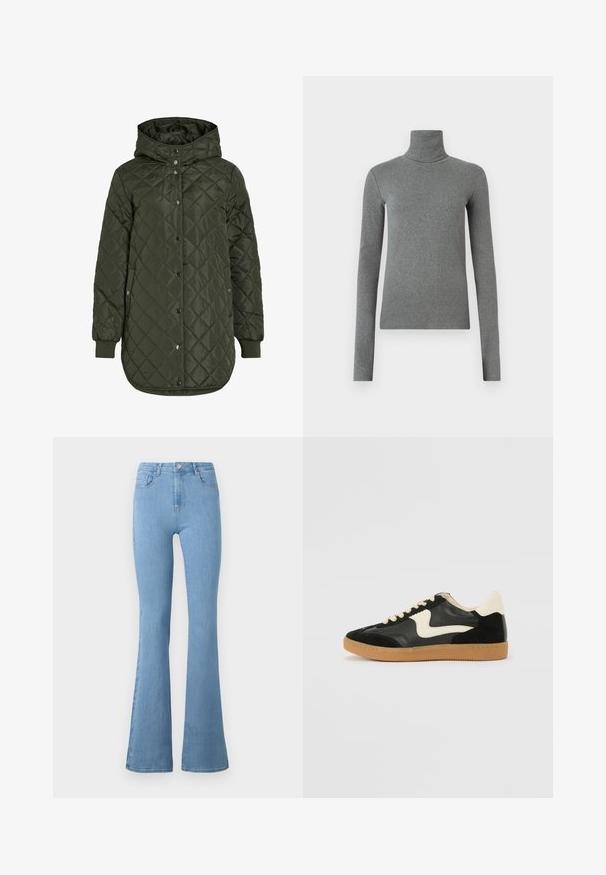 Šviesiai žalia, ilga, quilted striukė su gobtuvu, snap mygtukais ir išilgiais rankovėmis. Siūlo lygią, tekstūruotą medžiagą su deimanto raštu.; Pilkas golfas, pagamintas iš lygaus, elastingo audinio. Ilgos rankovės, prilipęs dizainas, minimali tekstūra, be matomų raštų ar metalinių detalių.; Šviesiai mėlynos plačios džinsinės kelnės, pagamintos iš džinsinio audinio, su aukštu liemeniu, penkiais kišenėmis, priekiniais užtrauktukais ir metaliniu sagčių užsegimu.; Juodos zomšo ir odos sportinės bateliai su kreminiu šoniniu swoosh ir šviesiai kreminiu kulnu. Ypatybės - smėlio spalvos raišteliai ir guminis padas.