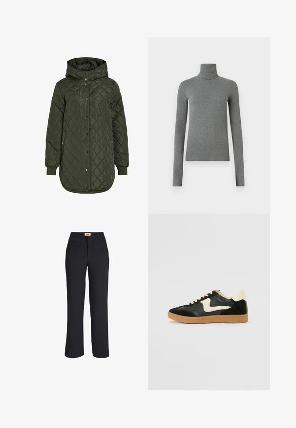 Padded, dolgi olivno zeleni plašč s kapuco, s pritrdilnimi gumbi in rebrastimi manšetami. Ima gladko, teksturirano blago z diamantskim vzorcem.; Siva turtleneck majica narejena iz gladkega, raztegljivega materiala. Dolgi rokavi, prilegajoča zasnova, minimalna tekstura, brez vidnih vzorcev ali okovja.; Črne hlače ravnega kroja z višjim pasom, ravnim sprednjim delom in dvema vodoravnima sprednjima žepoma, označene z JXJX na pasu.; Črne semiš in usnjene superge s kremasto stransko puščico in svetlo kremasto peto. Imajo bež čipke in gumijast podplat.
