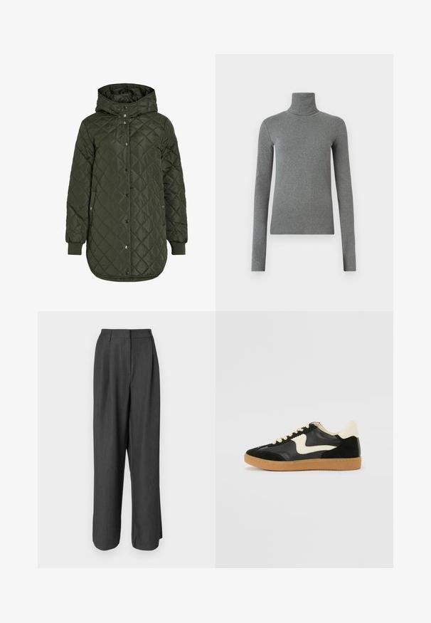 Gevoerde, lange olijfgroene jas met een capuchon, drukknoopsluiting en geribde manchetten. Kenmerkt zich door een gladde, gestructureerde stof met een ruitpatroon.; Grijze coltrui gemaakt van gladde, rekbare stof. Lange mouwen, aansluitend ontwerp, minimale textuur, zonder zichtbare patronen of hardware.; Donkergrijze, wijde broek met een gepersonaliseerd ontwerp. Heeft een zachte textuur, een plooi-detail en een middelhoge tailleband.; Zwarte suède en leren sneaker met een crèmekleurige zij-swoosh en lichte crèmekleurige hiel. Voorzien van beige veters en een gumrubberen zool.