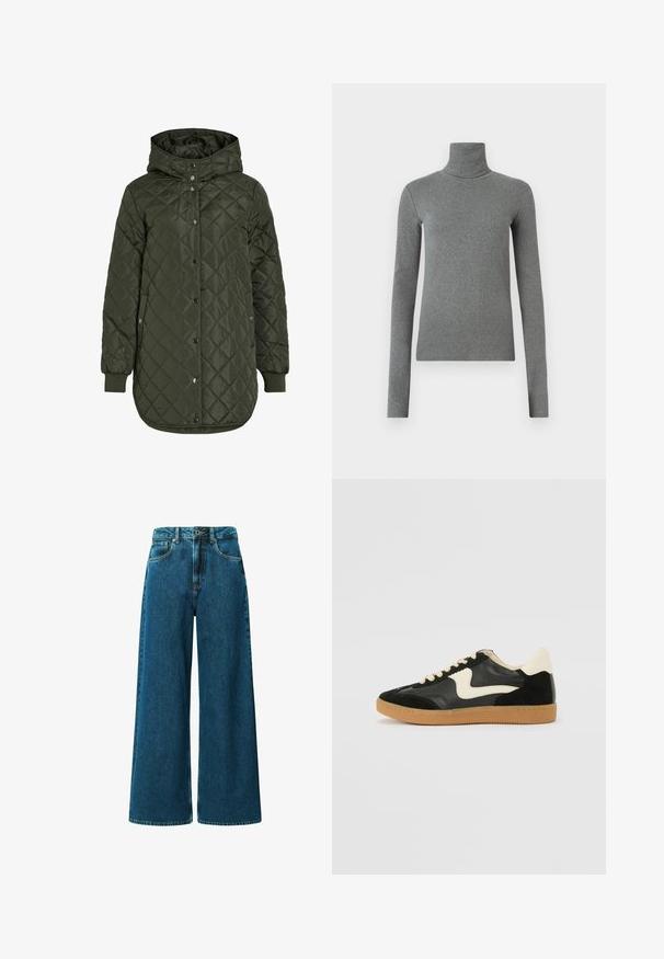 Tikkimisega, pikk oliivroheline jakk kapuutsiga, nööpide ja soonikäärega. Omab siledaid, tekstureeritud kudesid, millel on teemantmuster.; Hallhalli hallitatud särk, mis on valmistatud siledast, venivast kangast. Pikkade varrukatega, sobiv disain, minimaalne tekstuur, ilma nähtavate mustrite või riistvaraeta.; Sügavsinistest denimist kõrge vöökohaga laiad püksid. Omavad viit taskut, vöölõike ja nähtavat õmblust pükste õmbluste mööda.; Must musta ja nahast sneakersid, millel on koorevärvi külgsuund ja hele koorik. Omab beeži paelu ja kummi kummist välistalla.