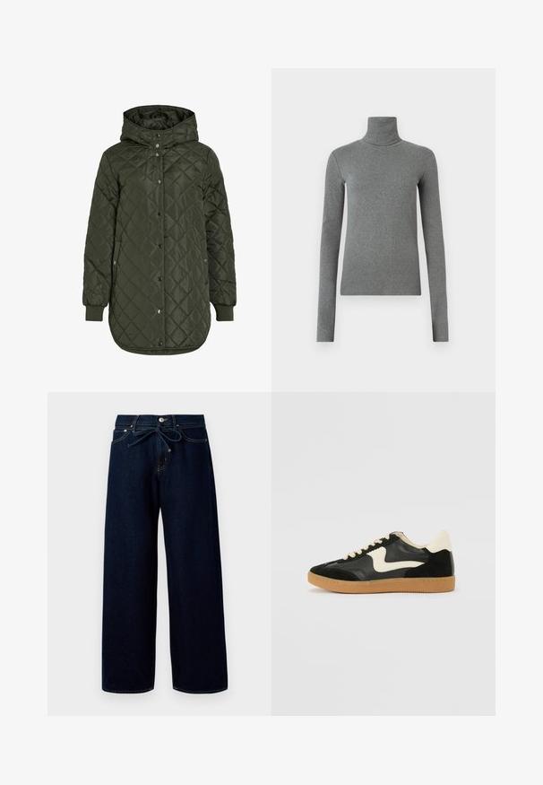 Tikkimisega, pikk oliivroheline jakk kapuutsiga, nööpide ja soonikäärega. Omab siledaid, tekstureeritud kudesid, millel on teemantmuster.; Hallhalli hallitatud särk, mis on valmistatud siledast, venivast kangast. Pikkade varrukatega, sobiv disain, minimaalne tekstuur, ilma nähtavate mustrite või riistvaraeta.; Tumedad sinised lai üleminekud teksad, mis on valmistatud denimist, omavad esist nupuvajutust ja paelast vööd, kontrastsete õmblustega.; Must musta ja nahast sneakersid, millel on koorevärvi külgsuund ja hele koorik. Omab beeži paelu ja kummi kummist välistalla.