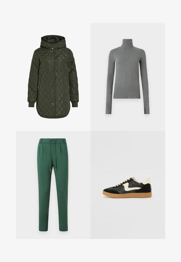 Gestepptes, langes olivgrünes Jacket mit Kapuze, Druckknöpfen und gerippten Bündchen. Verfügt über einen glatten, strukturierten Stoff mit Rautenmuster.; Grauer Rollkragenpullover aus glattem, dehnbarem Stoff. Lange Ärmel, figurbetontes Design, minimale Textur, ohne sichtbare Muster oder Beschläge.; Grüne Sweatpants aus weichem Stoff, mit einem elastischen Bündchen und Kordelzug, schmal zulaufenden Beinen und seitlichen Falten.; Schwarze Wildleder- und Leder-Sneaker mit einem cremefarbenen Seiten-Swoosh und einer hellcremefarbenen Ferse. Ausgestattet mit beige Schnürsenkeln und einer Gummilaufsohle.