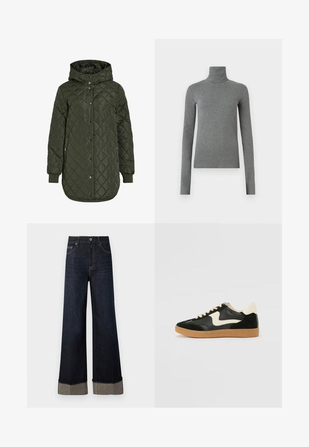 Quilted, long olive green jacket with a hood, snap buttons, and ribbed cuffs. Features a smooth, textured fabric with diamond pattern.; Gray turtleneck shirt made of smooth, stretchy fabric. Long sleeves, fitted design, minimal texture, with no visible patterns or hardware.; Dark blue high-waisted wide-leg jeans with a raw hem, featuring light brown stitching and a folded cuff revealing contrasting fabric.; Black suede and leather sneaker with a cream side swoosh and light cream heel. Features beige laces and a gum rubber outsole.