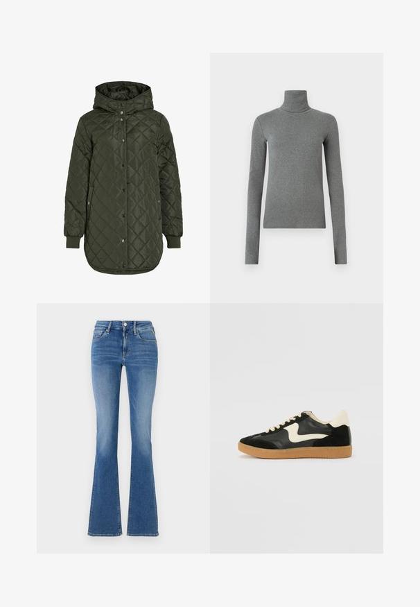 Quilted, long olive green jacket with a hood, snap buttons, and ribbed cuffs. Features a smooth, textured fabric with diamond pattern.; Gray turtleneck shirt made of smooth, stretchy fabric. Long sleeves, fitted design, minimal texture, with no visible patterns or hardware.; Blue denim high-waisted jeans with front pockets, button and zipper closure, and flared legs.; Black suede and leather sneaker with a cream side swoosh and light cream heel. Features beige laces and a gum rubber outsole.