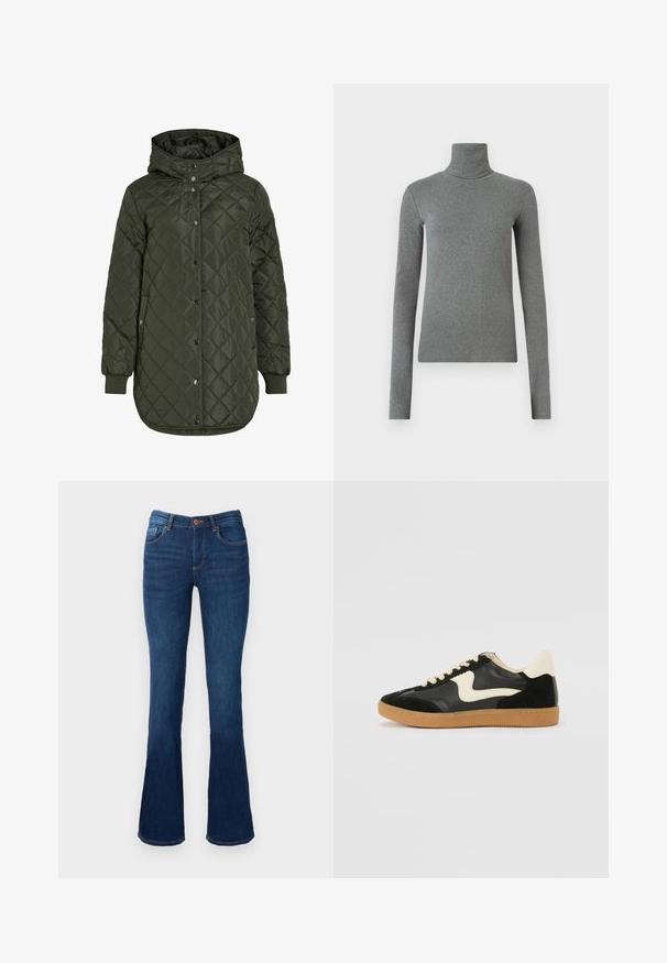 Chaqueta acolchada larga de color verde oliva con capucha, botones a presión y puños acanalados. Presenta una tela suave y texturizada con un patrón de diamantes.; Sudadera de cuello alto gris hecha de una tela suave y elástica. Mangas largas, diseño ajustado, textura mínima, sin patrones visibles ni piezas metálicas.; Jeans de mezclilla azul acampanados con cintura de altura media, que presentan bolsillos delanteros y traseros, costuras naranjas y un cierre de botón.; Zapatillas de deporte de ante y cuero negro con un swoosh lateral en crema y un talón en crema claro. Presenta cordones beige y una suela de goma marrón.