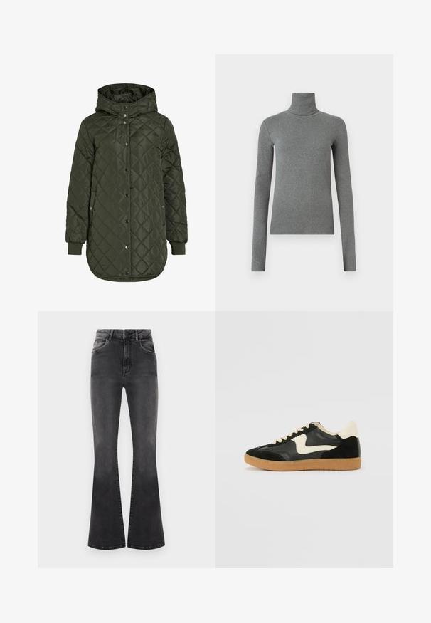 Gestepptes, langes olivgrünes Jacket mit Kapuze, Druckknöpfen und gerippten Bündchen. Verfügt über einen glatten, strukturierten Stoff mit Rautenmuster.; Grauer Rollkragenpullover aus glattem, dehnbarem Stoff. Lange Ärmel, figurbetontes Design, minimale Textur, ohne sichtbare Muster oder Beschläge.; Schwarze ausgestellte Jeans mit hoher Taille, Nähdetails und fünf Taschen. Der Stoff hat eine glatte Textur mit einem verwitterten Finish.; Schwarze Wildleder- und Leder-Sneaker mit einem cremefarbenen Seiten-Swoosh und einer hellcremefarbenen Ferse. Ausgestattet mit beige Schnürsenkeln und einer Gummilaufsohle.