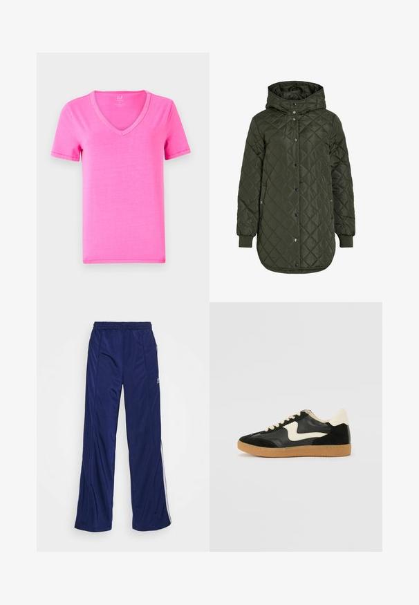 Klassiska, garņota, ilga olīvzaļā jaka ar kapuci, spiedpogu aizdari un ribotām piedurknēm. Iezīmējas ar gludu, strukturētu audumu ar dimanta rakstu.; Pateikts īsām piedurknēm rozā T-krekls ar V veida kakla izgriezumu, izgatavots no mīksta materiāla, ar klasisku griezumu un smalkiem šuvju elementiem gar piedurknēm un apakšmalu.; Jūras spēku sporta bikses ar elastīgu jostu, taisnām kājām un sānu rāvējslēdzējiem. Iekļautas baltas apdare gar malām. Gluda auduma tekstūra.; Melna zamšāda un ādas sporta apavi ar krēmkrāsas sānu svītru un gaiši krēmkrāsas papēdi. Ar beigu krāsas auklām un gumijas zole.