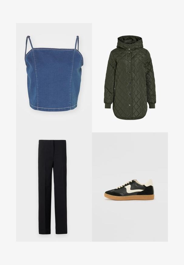 Prešívaná, dlhá olivovo zelená bunda s kapucňou, patentnými gombíkmi a rebrovanými manžetami. Má hladkú, štruktúrovanú tkaninu s diamantovým vzorom.; Modrý denimový crop top s tenkými ramennými popruhmi, s priliehavým strihom a odhalenými stehovými detailmi pozdĺž švov.; Čierne, zúžené nohavice so rovnýmm strihom, s hladkým povrchom a bez viditeľných vzorov. Štandardný pás a čisté spracovanie.; Čierne semišové a kožené tenisky s krémovým bočným prešívaním a svetlo krémovou pätou. Obsahujú béžové šnúrky a podošvu z gumeného kaučuku.