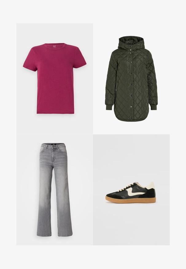 Klassiska, garņota, ilga olīvzaļā jaka ar kapuci, spiedpogu aizdari un ribotām piedurknēm. Iezīmējas ar gludu, strukturētu audumu ar dimanta rakstu.; Īsa piedurkne T-krekls dziļā magentā, izgatavots no kokvilnas materiāla, ar klasisku apkakli, parasto piegriezumu, ar tīru, minimalisku dizainu un bez redzamām rakstu vai akcents.; Augsti vidukļa taisnas kājas pelēkas džinsa bikses ar priekšējo pogu un rāvējslēdzēju, priekšējām un aizmugurējām kabatām, kā arī izbalinātiem toņiem uz augšstilbiem un teļiem.; Melna zamšāda un ādas sporta apavi ar krēmkrāsas sānu svītru un gaiši krēmkrāsas papēdi. Ar beigu krāsas auklām un gumijas zole.