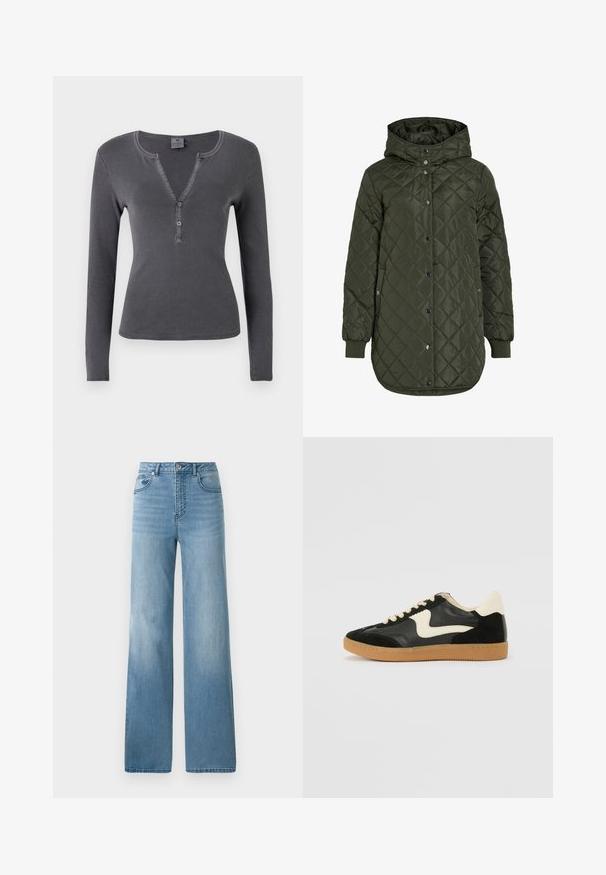 Šviesiai žalia, ilga, quilted striukė su gobtuvu, snap mygtukais ir išilgiais rankovėmis. Siūlo lygią, tekstūruotą medžiagą su deimanto raštu.; Ilgų rankovių, tamsiai pilka juostelėta palaidinė su V formos iškirpte, trijų mygtukų užsegimu ir prigludusia forma. Minkšta, lygi tekstūra su minimaliu siuvimu.; Šviesiai mėlynos aukšto liemens džinsai su tiesiu sijonu. Pagaminti iš džinsinio audinio, su penkiomis kišenėmis ir mygtukų uždarymu.; Juodos zomšo ir odos sportinės bateliai su kreminiu šoniniu swoosh ir šviesiai kreminiu kulnu. Ypatybės - smėlio spalvos raišteliai ir guminis padas.