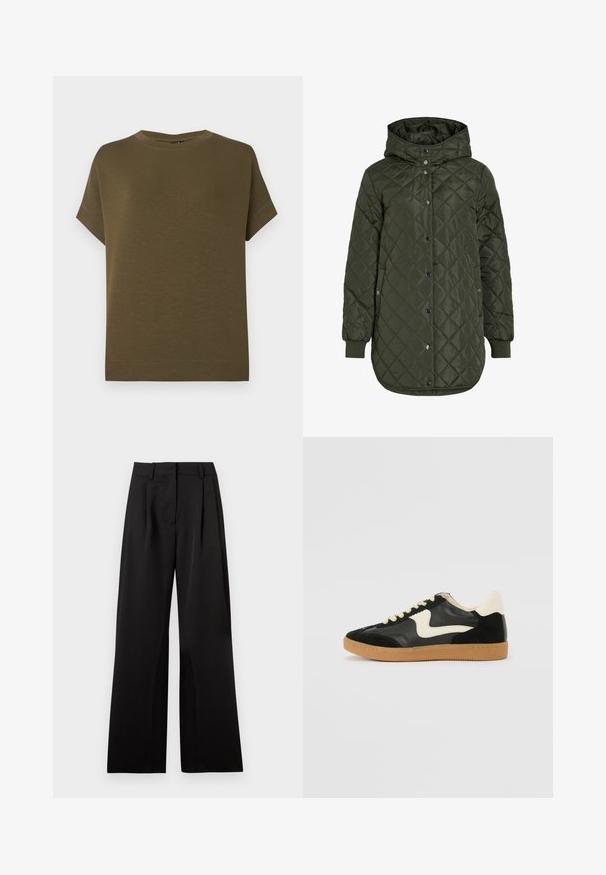 Casaco comprido olive green acolchoado com capuz, botões de pressão e punhos canelados. Apresenta um tecido liso e texturizado com padrão de diamante.; T-shirt de manga curta na cor verde-azeitona, feita de um tecido suave e texturizado. Apresenta um decote à pescoça e uma bainha reta sem adornos.; Calças largas pretas com uma textura suave, apresentando pregas frontais, uma cintura plana e passantes para cinto. Design simples e estruturado.; Sapatilha em camurça e couro pretos com um swoosh lateral em creme e um calcanhar em creme claro. Apresenta atacadores bege e uma sola de borracha tipo gum.