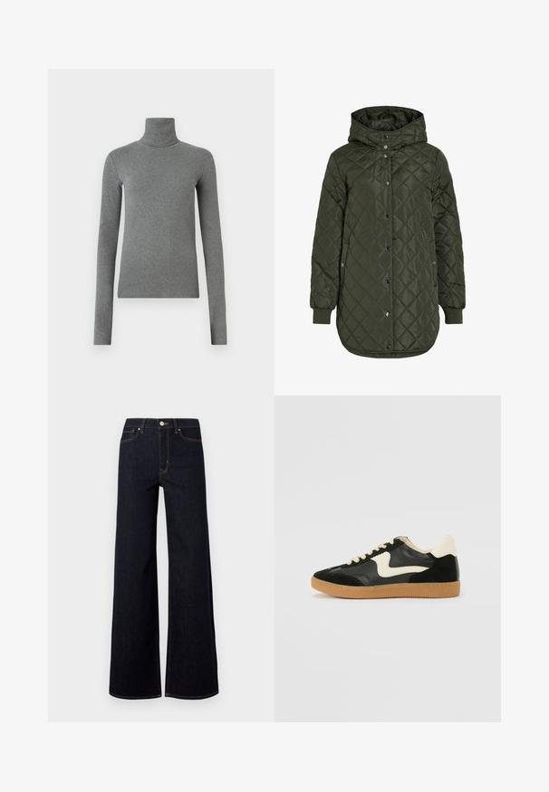 Quiltet, lang olivengrøn jakke med hætte, trykknapper og ribbede manchetter. Har et glat, struktureret stof med diamantmønster.; Grå turtleneck skjorte lavet af glat, strækbart stof. Lange ærmer, tætsiddende design, minimal tekstur, uden synlige mønstre eller hardware.; Mørkeblå brede jeans lavet af denim, med høj talje, kontraststing og en enkelt metalknap foran.; Sorte ruskinds- og lædersneakers med en cremefarvet side-swoosh og lys cremefarvet hæl. Har beige snørebånd og en gummirubber-sål.