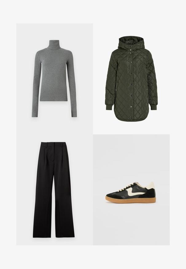 Klassiska, garņota, ilga olīvzaļā jaka ar kapuci, spiedpogu aizdari un ribotām piedurknēm. Iezīmējas ar gludu, strukturētu audumu ar dimanta rakstu.; Pelēka uzvalka krekliņa ar augstu apkakli, izgatavots no gludas, elastīgas auduma. Garas piedurknes, pielāgota forma, minimāla tekstūra, bez redzamām rakstām vai aparatūras.; Melni platajiem biksēm ar gludu tekstūru, ar priekšējiem krokām, plakanu jostasvietu un jostas cilpiņām. Vienkāršs, piegriezuma dizains.; Melna zamšāda un ādas sporta apavi ar krēmkrāsas sānu svītru un gaiši krēmkrāsas papēdi. Ar beigu krāsas auklām un gumijas zole.