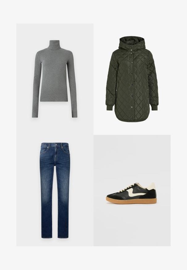 Prešívaná, dlhá olivovo zelená bunda s kapucňou, patentnými gombíkmi a rebrovanými manžetami. Má hladkú, štruktúrovanú tkaninu s diamantovým vzorom.; Sivý rolák vyrobený z hladkej, elastickej látky. Dlhé rukávy, priliehavý strih, minimálna textura, bez viditeľných vzorov alebo hardvéru.; Tmavomodré džínsy s rovnými nohavicami, ktoré majú päť vreciek, kontrastné šitie a zapínanie na zips.; Čierne semišové a kožené tenisky s krémovým bočným prešívaním a svetlo krémovou pätou. Obsahujú béžové šnúrky a podošvu z gumeného kaučuku.