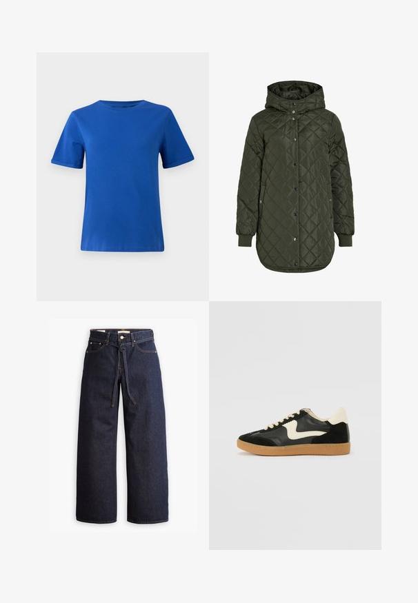 Casaco comprido olive green acolchoado com capuz, botões de pressão e punhos canelados. Apresenta um tecido liso e texturizado com padrão de diamante.; T-shirt de algodão azul com mangas curtas enroladas, colarinho redondo e texture suave. Design simples, sem padrões ou acentos.; Calças de ganga de perna larga, em azul escuro, com uma cintura alta, apresentando um cordão, cinco bolsos e detalhes de costura em contraste.; Sapatilha em camurça e couro pretos com um swoosh lateral em creme e um calcanhar em creme claro. Apresenta atacadores bege e uma sola de borracha tipo gum.