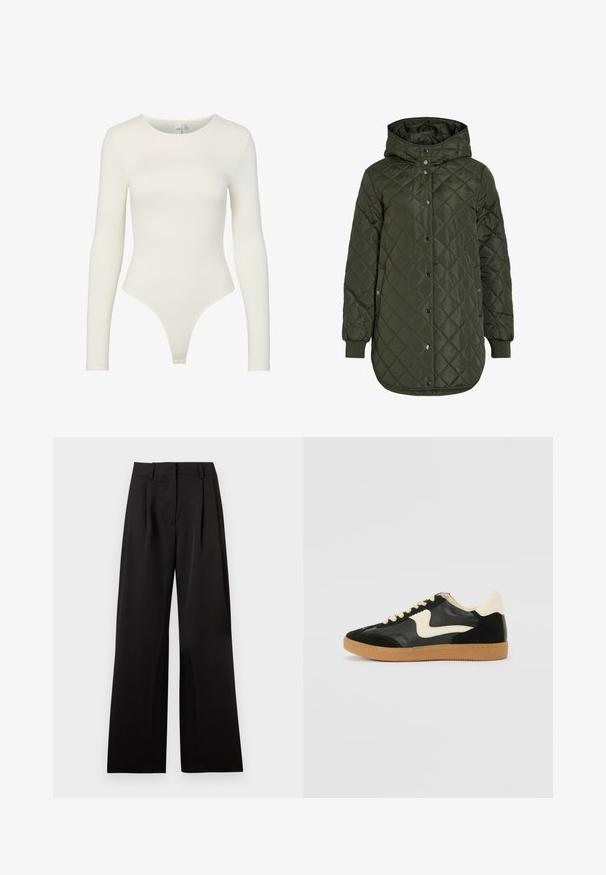 Quilted, long olive green jacket with a hood, snap buttons, and ribbed cuffs. Features a smooth, textured fabric with diamond pattern.; Long-sleeve bodysuit in cream, made of smooth fabric. Features a round neckline and a thong bottom design with fitted silhouette and no fastenings.; Black wide-leg trousers with a smooth texture, featuring front pleats, a flat waistband, and belt loops. Simple, tailored design.; Black suede and leather sneaker with a cream side swoosh and light cream heel. Features beige laces and a gum rubber outsole.