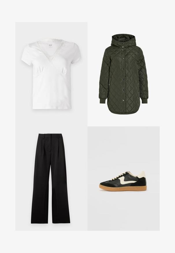 Quilted, long olive green jacket with a hood, snap buttons, and ribbed cuffs. Features a smooth, textured fabric with diamond pattern.; White short-sleeve T-shirt with a V-neck, featuring lace trim along the neckline and subtle ruching on the bust. Soft cotton material.; Black wide-leg trousers with a smooth texture, featuring front pleats, a flat waistband, and belt loops. Simple, tailored design.; Black suede and leather sneaker with a cream side swoosh and light cream heel. Features beige laces and a gum rubber outsole.