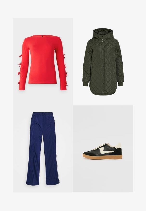 Gestepptes, langes olivgrünes Jacket mit Kapuze, Druckknöpfen und gerippten Bündchen. Verfügt über einen glatten, strukturierten Stoff mit Rautenmuster.; Rotes Langarm-T-Shirt aus weicher Baumwolle, mit Schleifenakzenten an den Ärmeln, Rundhalsausschnitt und figurbetontem Schnitt.; Marineblaue Sporthose mit elastischem Bund, geraden Beinen und seitlichen Reißverschlüssen. Mit weißen Paspeln an den Seiten. Glatte Stoffstruktur.; Schwarze Wildleder- und Leder-Sneaker mit einem cremefarbenen Seiten-Swoosh und einer hellcremefarbenen Ferse. Ausgestattet mit beige Schnürsenkeln und einer Gummilaufsohle.