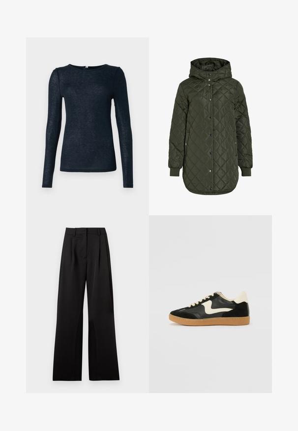 Quilted, long olive green jacket with a hood, snap buttons, and ribbed cuffs. Features a smooth, textured fabric with diamond pattern.; Long-sleeve top in dark navy blue, made of lightweight, slightly textured fabric with a round neck and fitted shape.; Black wide-leg trousers with a smooth texture, featuring front pleats, a flat waistband, and belt loops. Simple, tailored design.; Black suede and leather sneaker with a cream side swoosh and light cream heel. Features beige laces and a gum rubber outsole.