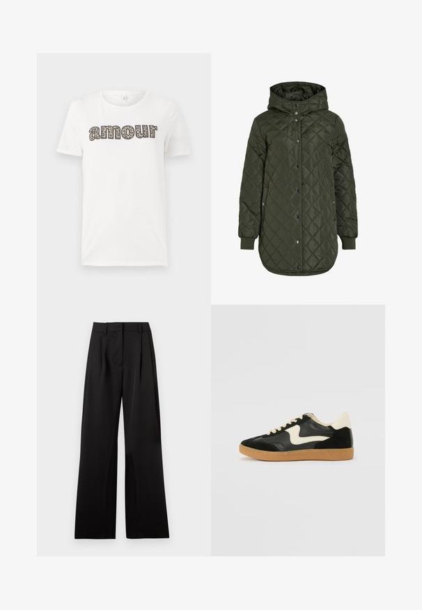 Tikkimisega, pikk oliivroheline jakk kapuutsiga, nööpide ja soonikäärega. Omab siledaid, tekstureeritud kudesid, millel on teemantmuster.; Valge puuvillane t-särk, millel on leopardimustriga "amour" tekst. Lühikesed varrukad ja ümmargune kaelus. Kerge ja mugav lõige.; Mustad laiad püksid siledast kangast, esipliidid, lame vöökoht ja vöökohale aasad. Lihtne, hästi lõigatud disain.; Must musta ja nahast sneakersid, millel on koorevärvi külgsuund ja hele koorik. Omab beeži paelu ja kummi kummist välistalla.