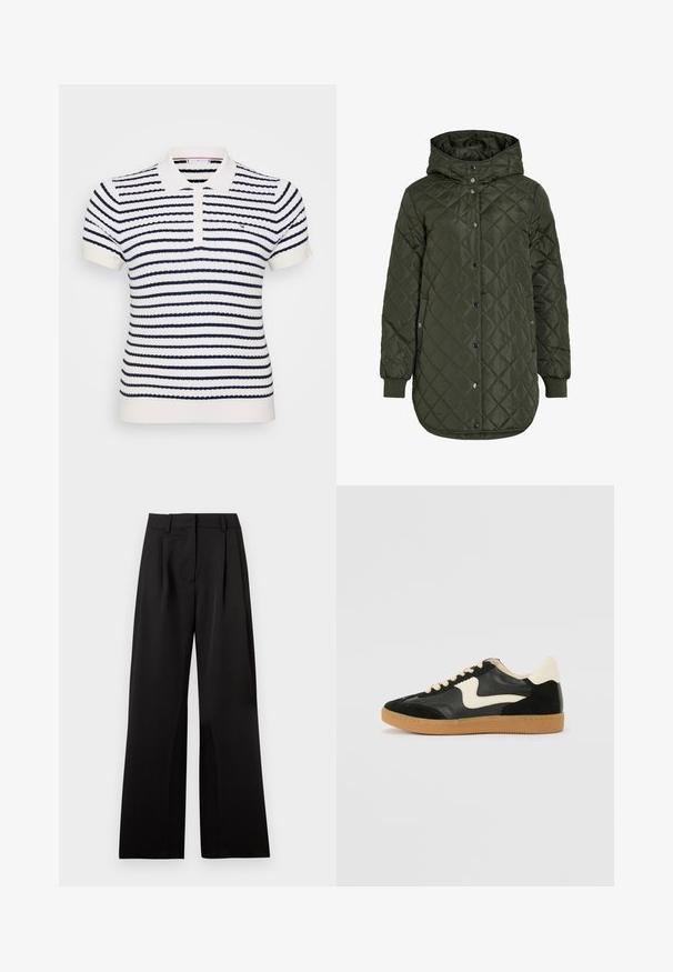 Šviesiai žalia, ilga, quilted striukė su gobtuvu, snap mygtukais ir išilgiais rankovėmis. Siūlo lygią, tekstūruotą medžiagą su deimanto raštu.; Balta polo marškinėliai su tamsiai mėlynomis horizontaliomis juostelėmis, šonkaulinė tekstūra, dviejų mygtukų užsegimas ir išsiuvinėtas logotipas ant krūtinės.; Juodos plačios kelnės su lygiu paviršiumi, su priekinėmis klostėmis, platu liemenu ir dirželių kilpomis. Paprastas, sutvarkytas dizainas.; Juodos zomšo ir odos sportinės bateliai su kreminiu šoniniu swoosh ir šviesiai kreminiu kulnu. Ypatybės - smėlio spalvos raišteliai ir guminis padas.