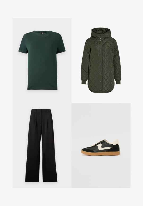 Quiltet, lang olivengrøn jakke med hætte, trykknapper og ribbede manchetter. Har et glat, struktureret stof med diamantmønster.; Mørkegrøn kortærmet t-shirt med rund hals, lavet af et blødt, glat stof. Har optrukne ærmer og en afslappet pasform.; Sorte bukser med brede ben og en glat tekstur, der har frontvickninger, en flad talje og bæltestropper. Enkel, skræddersyet design.; Sorte ruskinds- og lædersneakers med en cremefarvet side-swoosh og lys cremefarvet hæl. Har beige snørebånd og en gummirubber-sål.